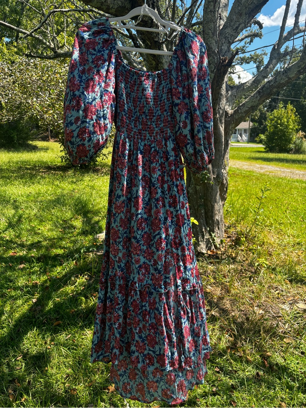 Angie Maxi Dress w/ smocked bodice and tiered layers, size S. NWOT.